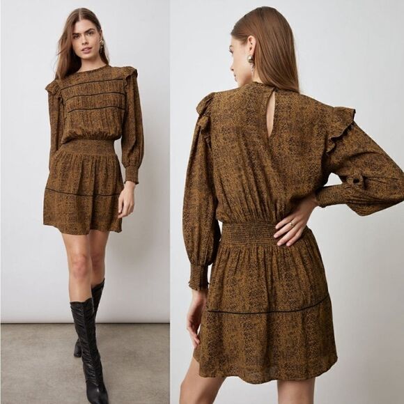 NWT Rails Faren Long Sleeve Ruffle Mini Dress In Sepia Python Size Medium - Picture 1 of 7